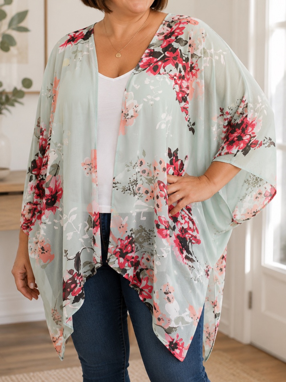 Floral Open-Front Kimono Top - Mint with Pink Floral